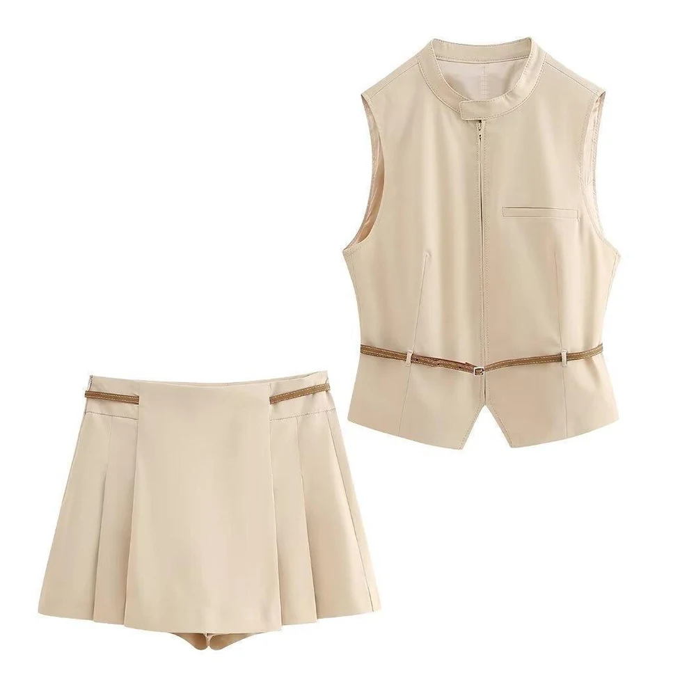 

Mia Muse Select Women's 2025 Summer Decent Sets Plain Sleeveless Round-Neck Top Short Natural Waist Skort Office Lady Sets