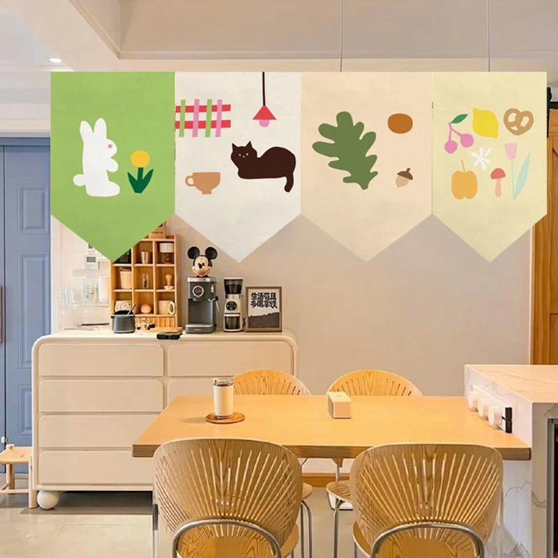 VIKAMA Simple and Cute Cartoon Animal Triangle Flag Door Curtain Partition Curtain Kitchen Bedroom Home Decoration