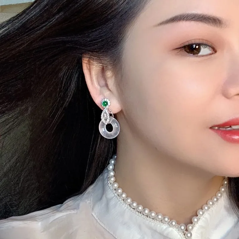 

Fashion Ethnic Chinese Style S925 Inlaid Natural Jade Ice Type Ping Buckle Chalcedony Earrings for Women Party Girlfriend Gift