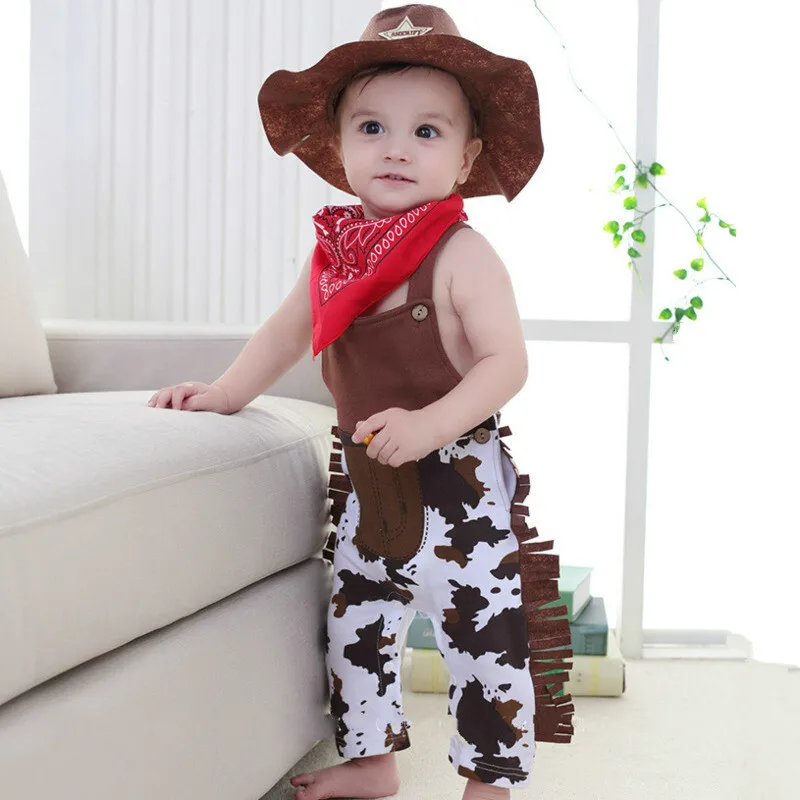 Baby Boy Girl Cosplay Costume Infant Toddler Cowboy Clothing 3pcs Sets Hat+Scarf+Romper Halloween Party Event Birthday Outfits