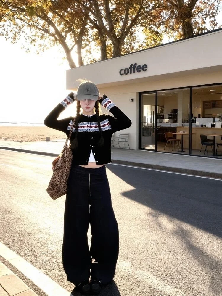 Rétro coréen Sle Fair Isle Color Blo tricoté ouvert Cardigan Long Sve rond Ne pull pour femme vêtements d'extérieur pour l'automne Wi...