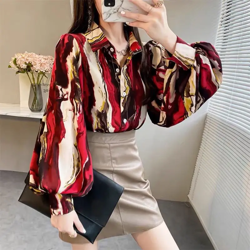 

Women's Elegant Vintage Tie Dye Printed Lantern Sleeve Shirt Spring Autumn Casual Korean Turn-down Collar Blouse Female Clothing