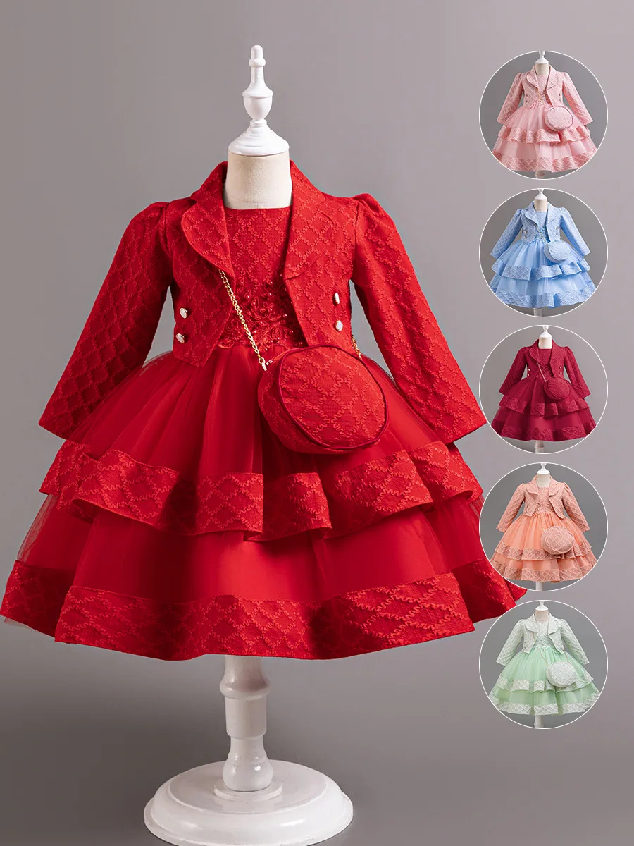 

ELBCOS 4-14Y Girls Crew Neck Long Sleeves Color Grid Lapel Coat Flower Beading Button Skirt Costumes Three-Piece Dress Suit