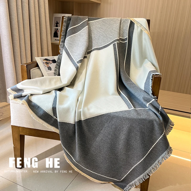 

Luxury Nordic Style V Geometry Feel Cashmere Shawl Big Square Scarf Winter Neckerchief Cape Unisex Summer Air Condition Blanket