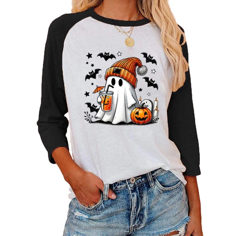 Happy Halloween Print Three Quarter Sleeve T-shirt For Women Raglan Tshirt Casual Crew Neck Blouse Tops Halloween Ghost T-shirts