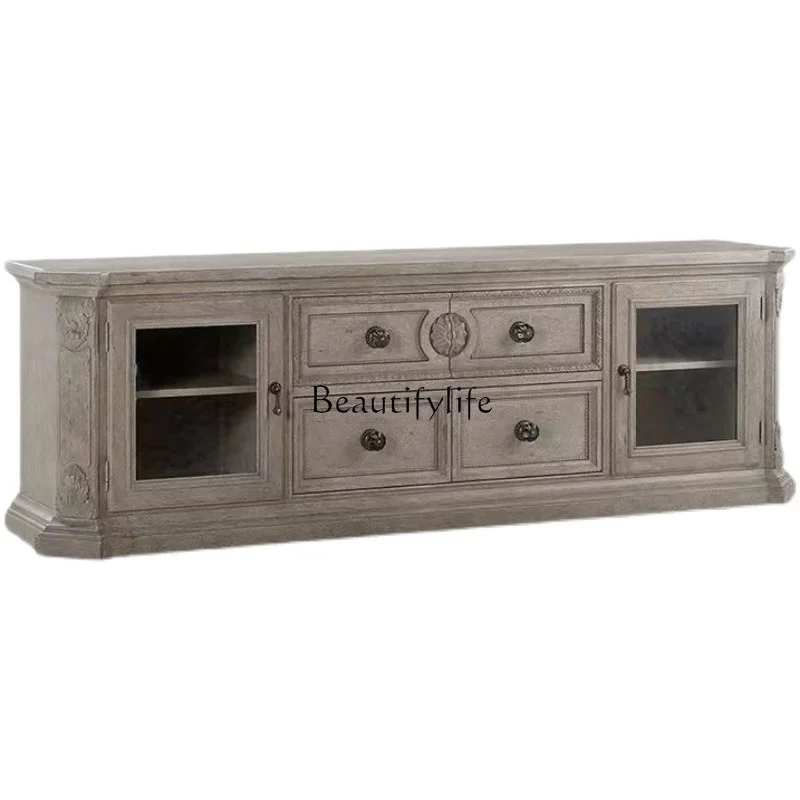 

ld14American Style Solid Wood TV Cabinet Vintage Carved Entrance Audiovisual Cabinet European Style Living Room
