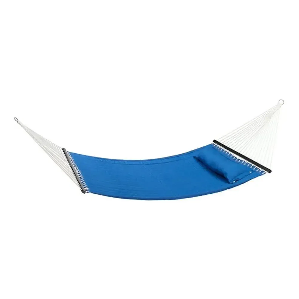 Blue Quilted Double Hammock with Matching Pillow Durable Polyester Fabric Relaxing Outdoor Hammock 2 Hardwood Spreader Bars