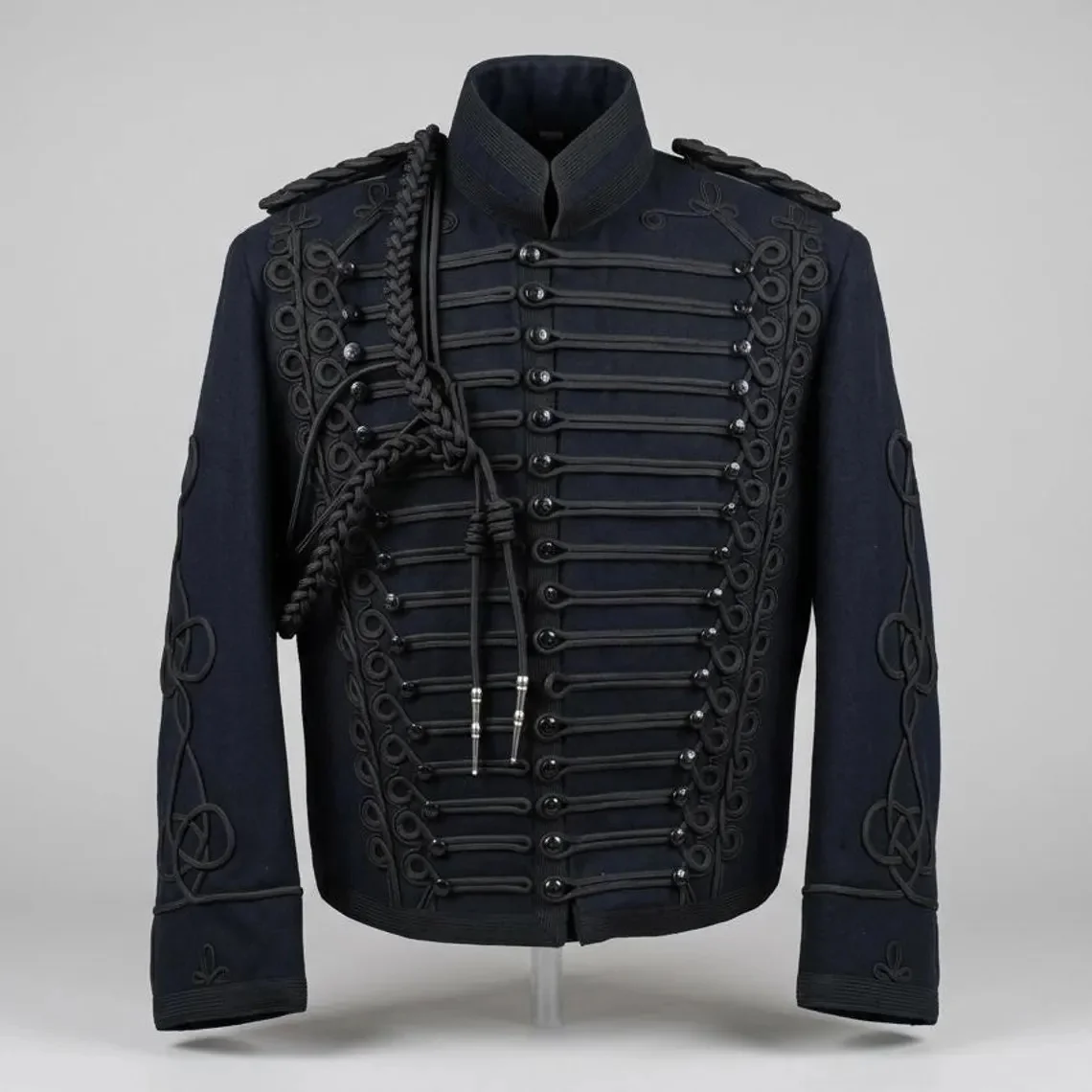 

Custom Made Mens Napoleonic Hussar Jacket Wool Military Tailcoat Aiguillette Epaulettes Double Breasted Historical Uniform