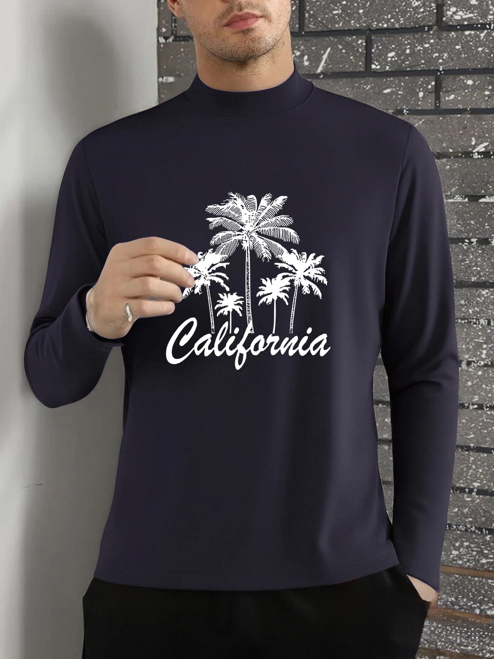 أشجار جوز الهند كاليفورنيا المطبوعة تي شيرت الرجال الخريف طويلة الأكمام قاع قميص دافئ نصف الياقة المدورة القمم الأساسية ملابس رجالي