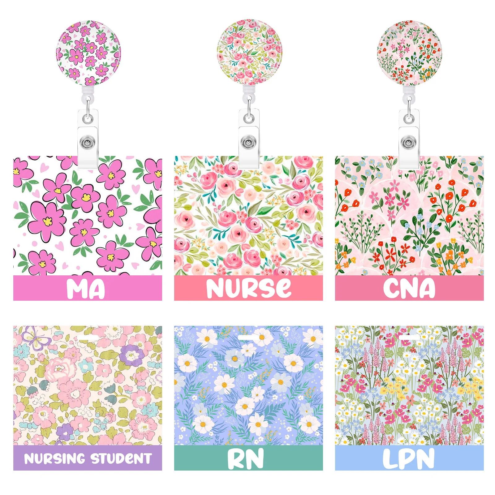 Flower Pattern Acrylic Retractable Badge Scroll Cute Gift For Nurse Doctor Nursing Staff Rotatable ID Chest Name Badge Holder