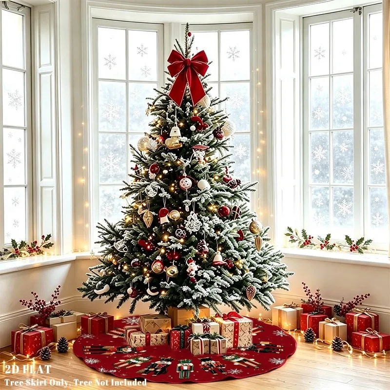 VIKAMA Christmas Tree Skirt Nutcracker Soldier Gift Box Pine Cone Snowflake Print Non‑Slip Round Xmas Tree Base Home Decor Mat