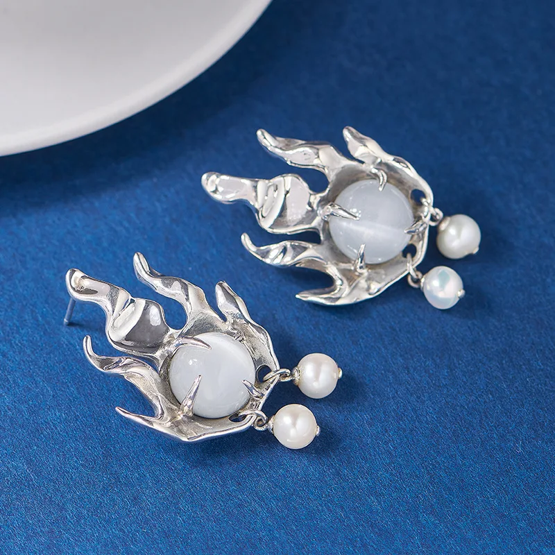 S925 Sterling Silver Charms Drops Earrings for Women Emboss Blaze Pattern White Opal Pearl Ear Drops Fashion Jewelry Wholesale