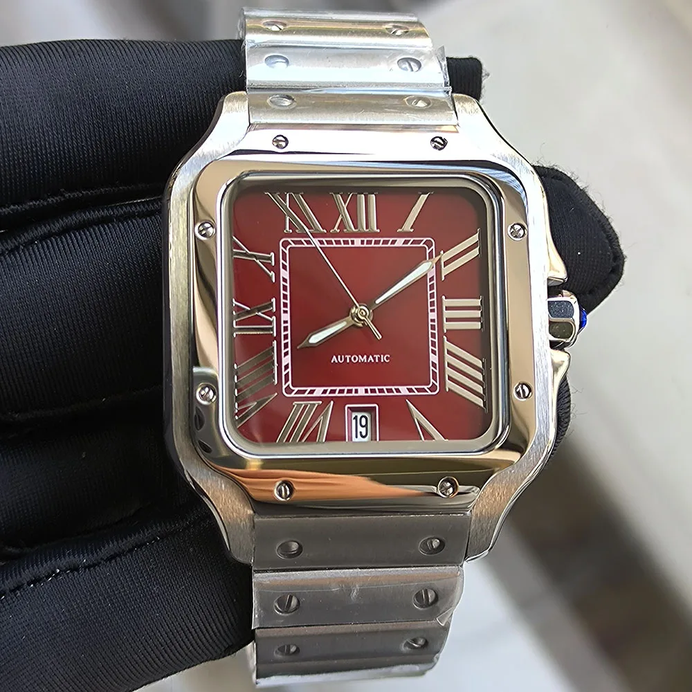 Nuovo orologio da uomo NH35 quadrante rosso vino quadrante quadrato romano orologio da uomo in acciaio inossidabile 38MM orologio Santos movimento NH35