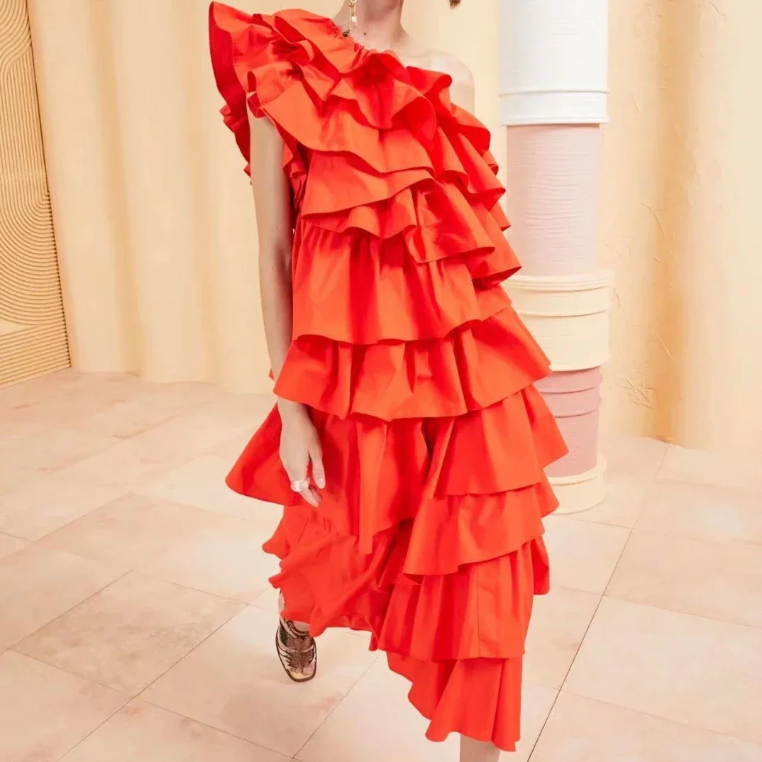 

Preorder High Quality 2023 Summer Solid Poplin One Shoulder Asymmetrical Tiered Ruffles Midi Dress