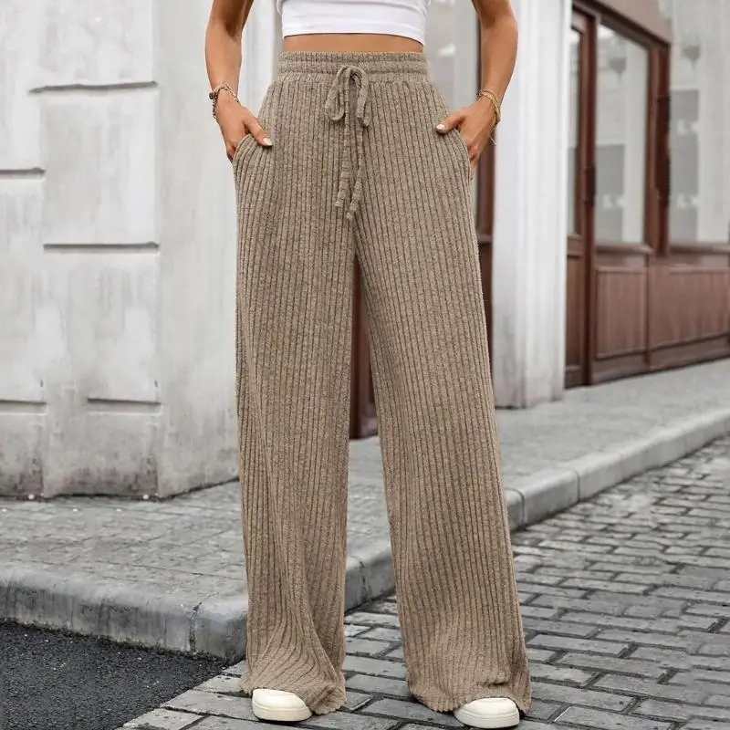 Y3NE Pantalones chándal punto acanalados texturizados para mujer, pantalones suéter sueltos pierna ancha con con