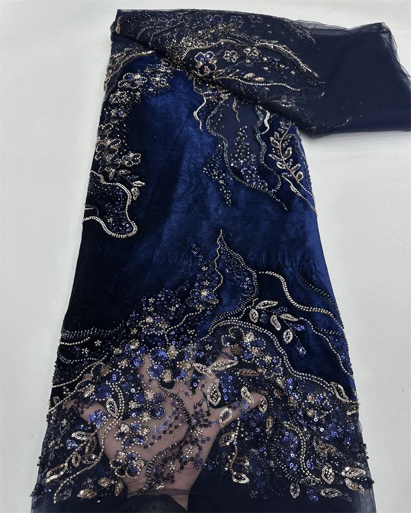

Velvet Luxurious African Beaded Net Mesh Lace Fabric with Sequins French Tulle for Nigerian Wedding Party Dresses