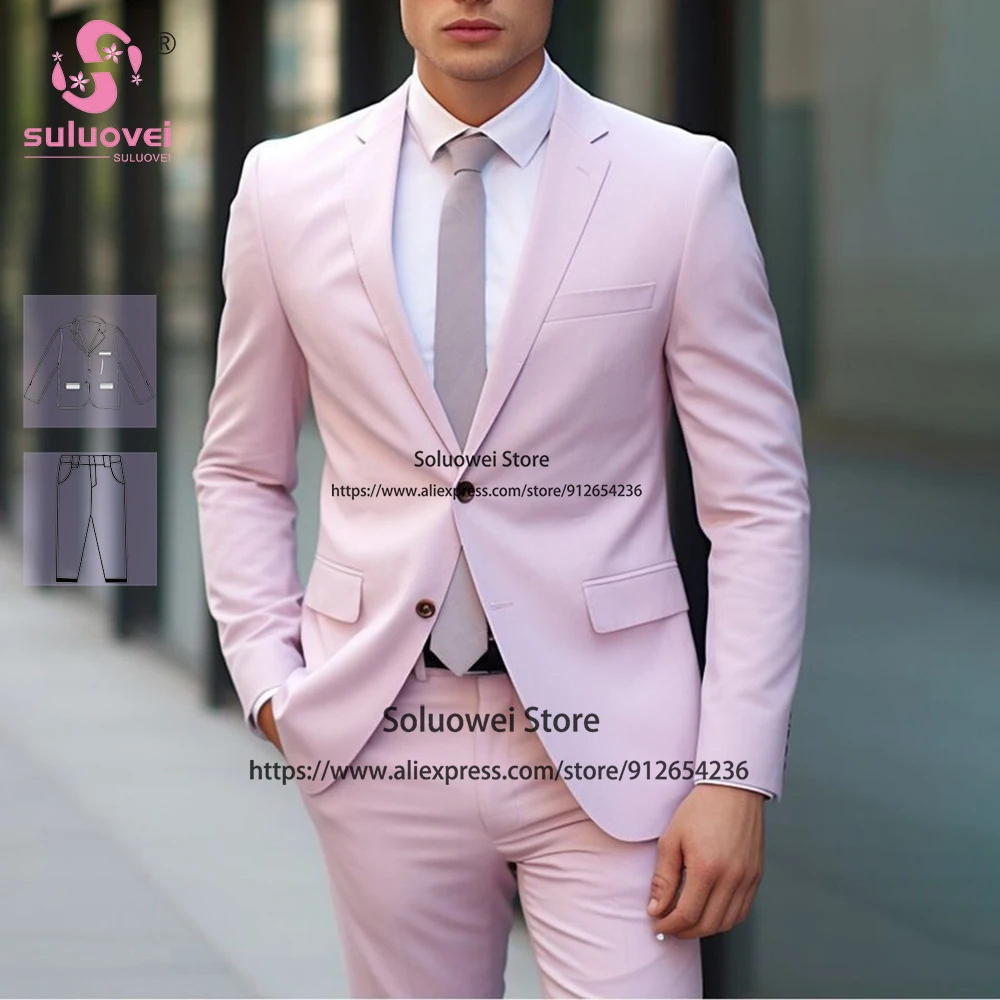 

Elegant Pink Suits For Men Slim Fit 2 Piece Jacket Pants Set Formal Grooms Wedding Notch Lapel Tuxedos Trajes De Hombre Elegante