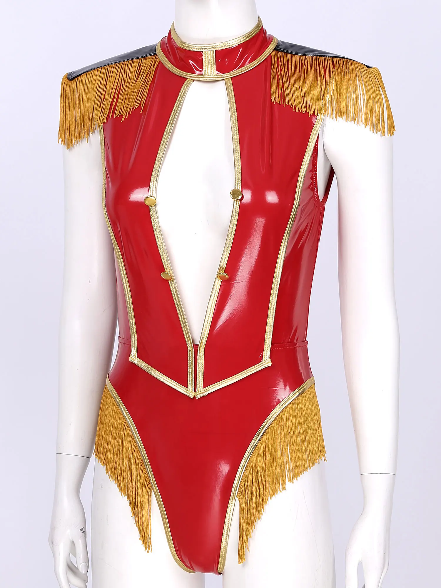 Women\'s Circus Ringmaster Lion Trainer Halloween Costume Adult Metallic PVC Leather Deep V Neck Tassels Leotard Bodysuit Teddy