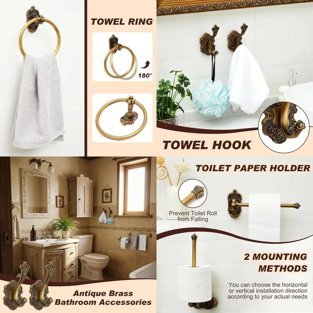 

Vintage Brass Bathroom Hardware Set: Wall-Mounted Towel Rack, Toilet Paper Holder, Towel Ring, Robe Hook for Classic Style