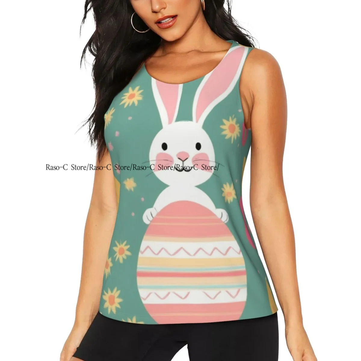 Women's Workout Tank Tops Quick Dry Sleeveless Athletic Shirts Easter Rabbits And Eggs Print Gym Yoga Tops