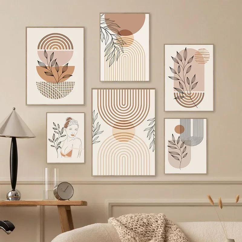 Boho Leichtfarbige Blockmalerei auf Leinwand Nordische Minimalistische Linien Wandkunst Menschen Blätter Wanddekoration Wohnzimmer-Dekor