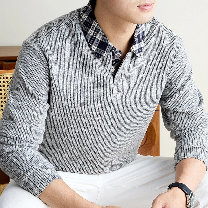Personality patchwork design men's sweater luxury soft comfort knitted fashion autumn new casual high-end striped lapel pullover