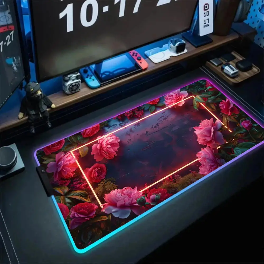 

Неоновый коврик для мыши с розами, RGB коврики для мыши, механические коврики для клавиатуры, аксессуары для офисного компьютера, ковры, светодиодные противоскользящие игровые настольные коврики