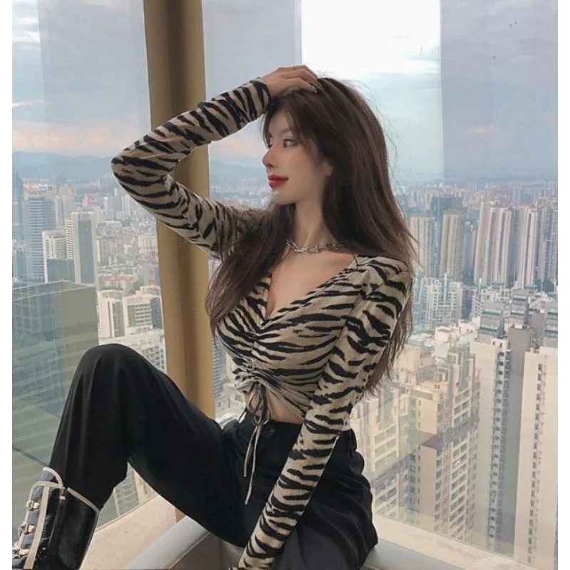 Y2K Ins Zebra pattern V-neck Drawstring tops female Self cultivation Long sleeved Short T-shirt autumn trend Popular Drawstring