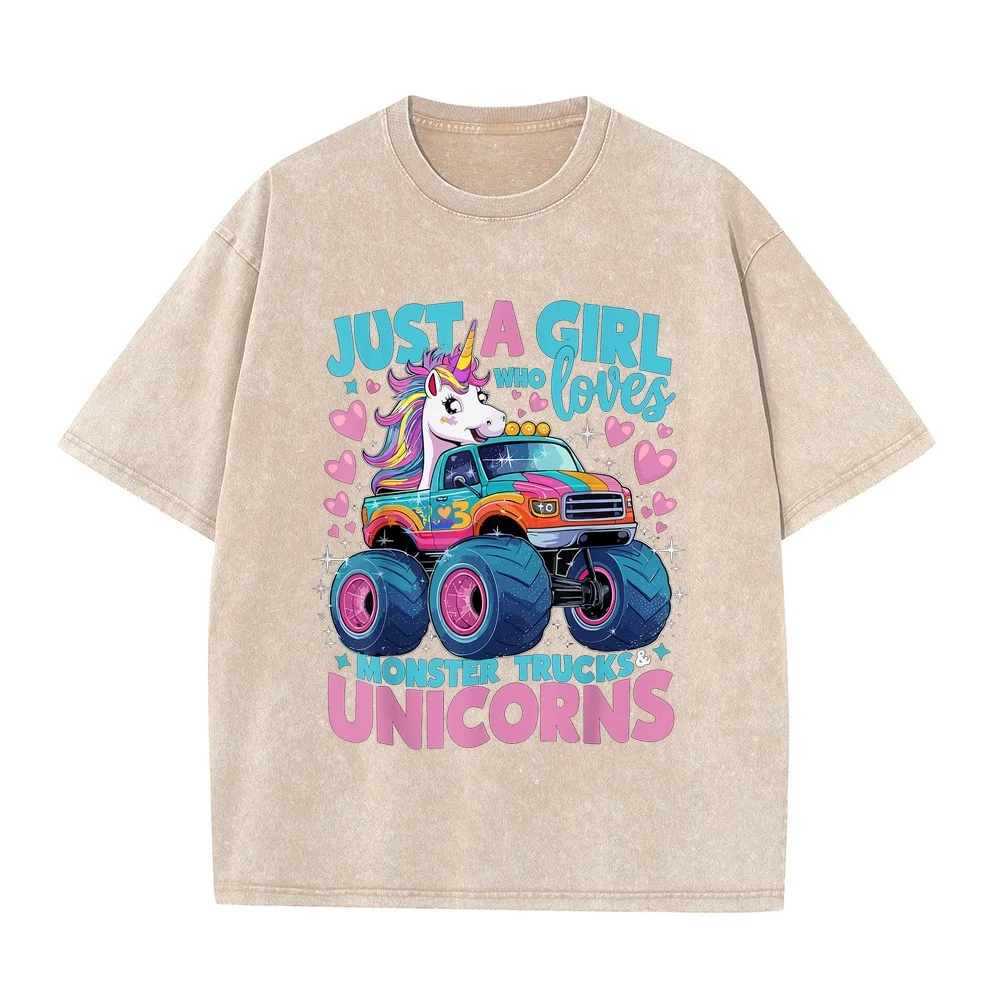 Just a Girl Who Loves Monster Trucks and Unicorns T-Shirt חולצות Camisetas Hombre Blue Short Sleeve Tee Cotton T Shirt Casual