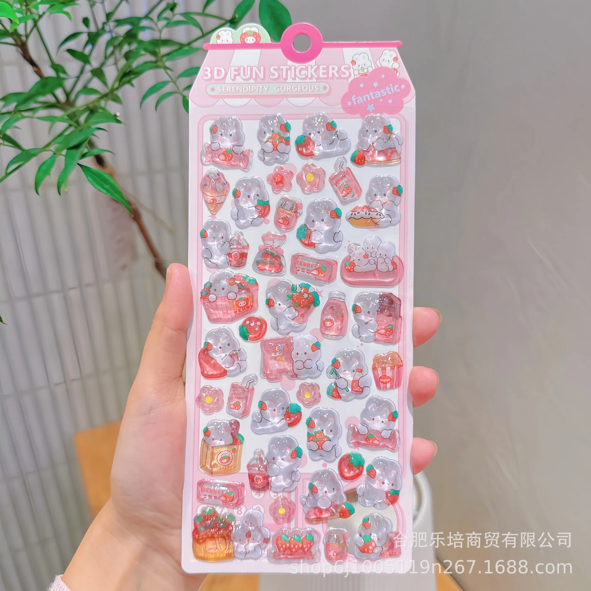 Adesivi in cristallo goffrato 3D - Design simpatico coniglio fragola con coniglietto rosa, decorazioni artigianali fai-da-te per bambini e adesivi materiali per telefono