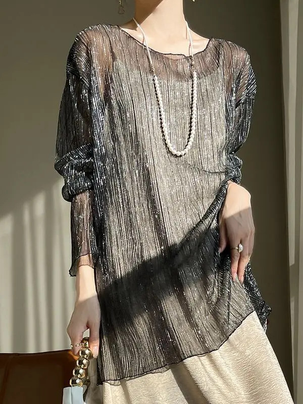Retro Bright Silk Mesh Blouse Women's Loose Casual Slightly Transparent Long-sleeved Sunscreen Clothes with Lace Top