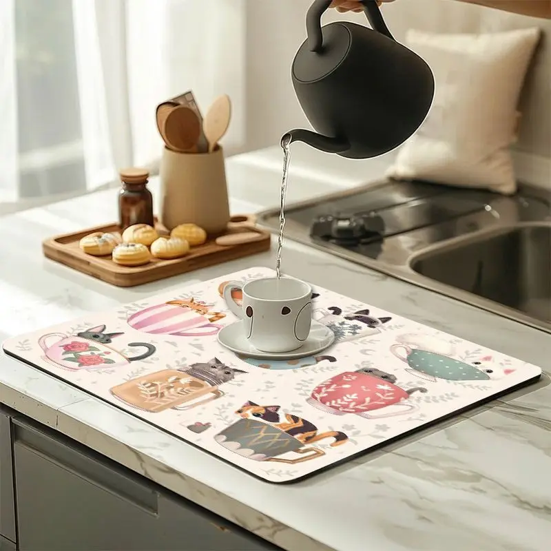 VIKAMA Kitchen Dish Draining Mat, Colorful Teacup and Floral Print Absorbent Non-Slip Mat with Cute Kitten Design, Home Decor