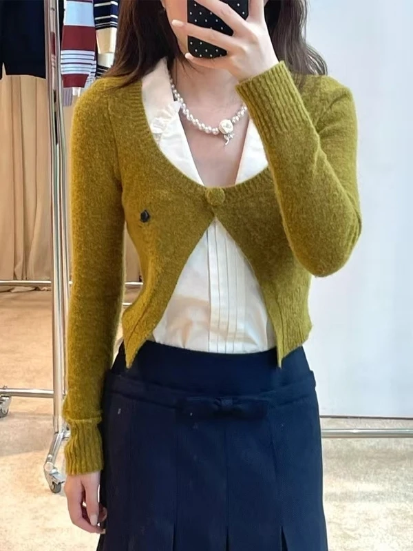 

Floral One Shanghai Version 26ss New Knitted Short Sleeve Long Neck round Women's Sweater Soft Casual Style Comfortable Fit