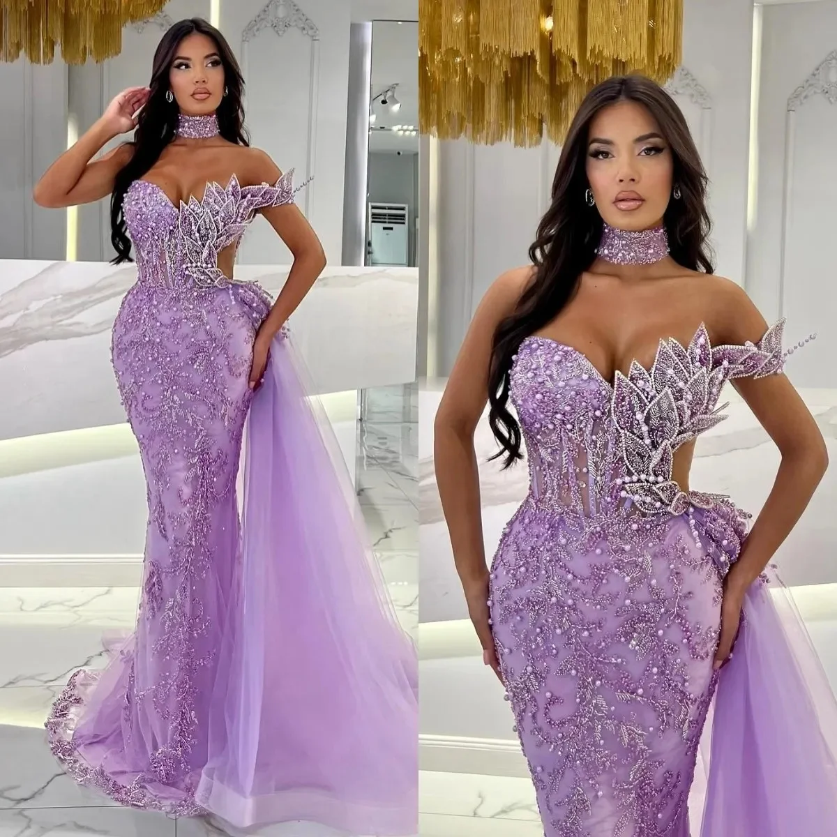 Stunning Purple Mermaid Evening Dresses Elegant Leaf Beading Shoulder Prom Dress Beads Side Train Custom Made Formal Gown