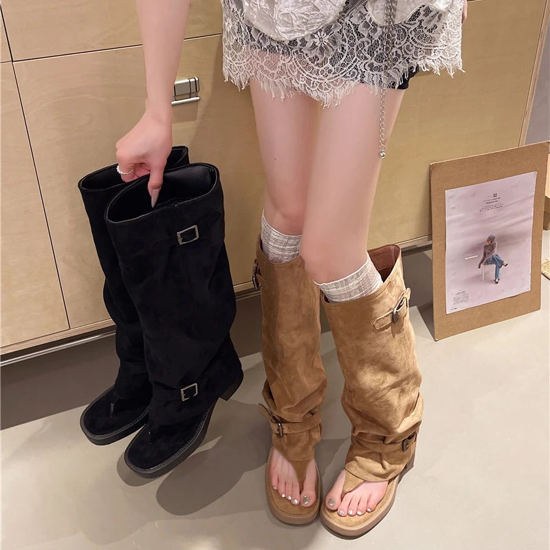 

Women's Shoes Summer Casual Suede Designer Shoes Fashion Buckle Strap Open Toe Knee High Boots Women Gladiator Sandal Flip-flops