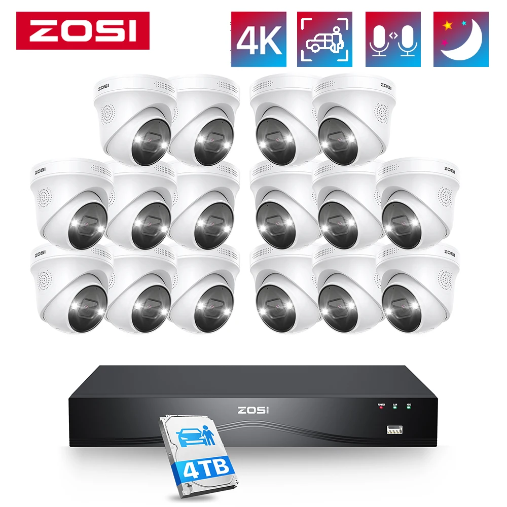 

ZOSI 4K 8MP PoE Security Camera System 16 Port 32CH Dual-Disk NVR 4TB AI Detection 2-Way Audio CCTV Surveillance for Business