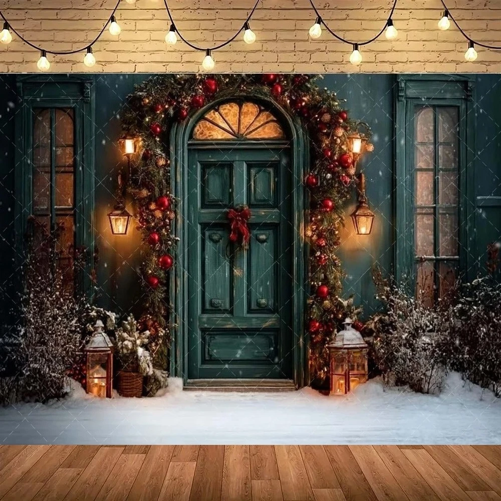 

Winter Christmas Pine Leaf Green Door Backdrop, Adult and Child Portraits, Family Party Decoration, Photography Studio Backdrop