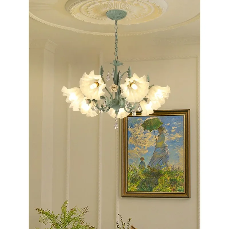 Cream style garden chandelier, rose flower, iron art, basil green, fresh living room, bedroom light, crystal embellished