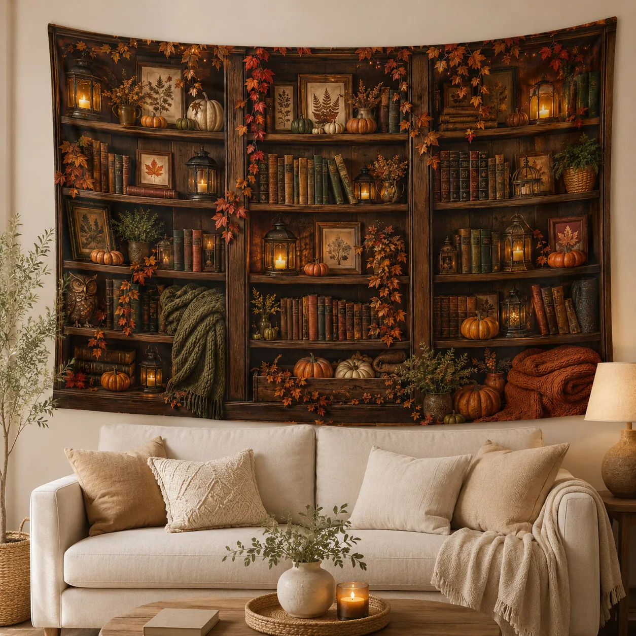 Aesthetic Autumn Pumpkin Wall Tapestry Vintage Bookshelf Wall Hanging 3D Thanksgiving Backdrop Room Decor Fabric Tapestries
