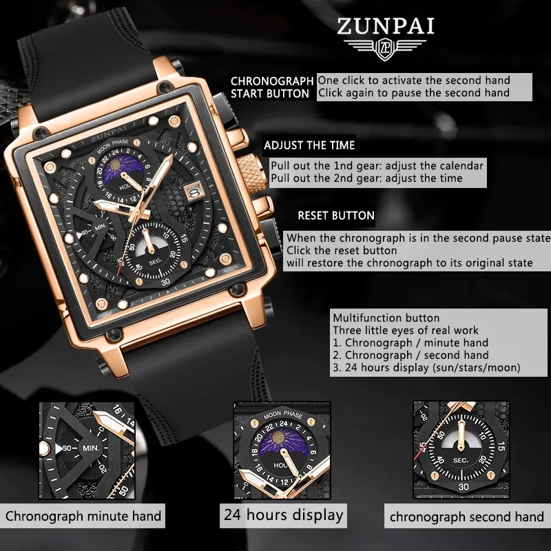 ZUNPAI Original Watch for Men\'s Waterproof Stainless Steel Leather Strap Quartz Fashion Sports Chronograph Square Wristwatches