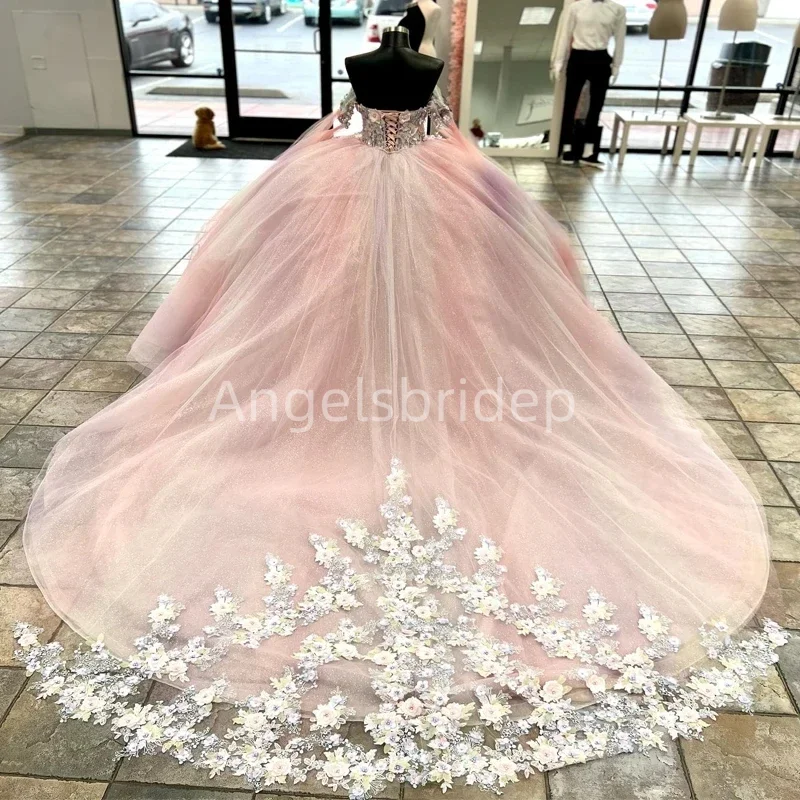 Angelsbride Pink Ball Gown Quinceanera Dresses With 3D Flora Sweetheart Long Trian Sweet 16 Corset Vestidos XV Años