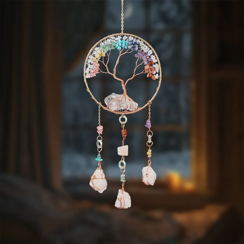 

Handcrafts Gifts Crystals Pink Quartz Suncatcher Hanging Ornaments for Interior Room Natural Gems Stones Tree of Life Home Decor