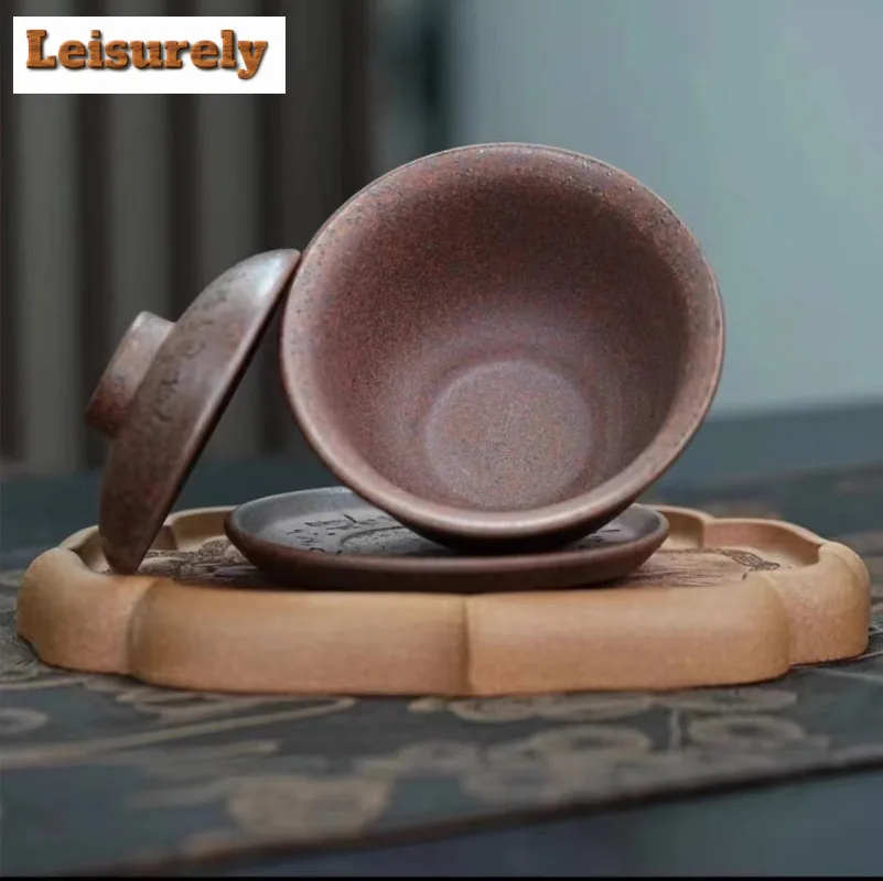 150ml Authentic Yixing Purple Clay Cover Bowl Master Handmade Engrave Gaiwan Raw Ore Dragon Bone Gold Sand Tea Tureen Wood-fired