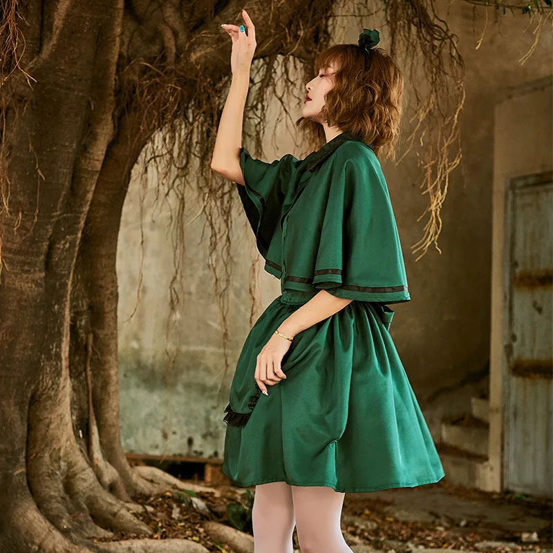 우아한 녹색 레이스 메이드 의상, 숄 포함 여성용 성 하인 복장 슬림 핏 코스프레 할로윈 드레스 (이핀 상청)