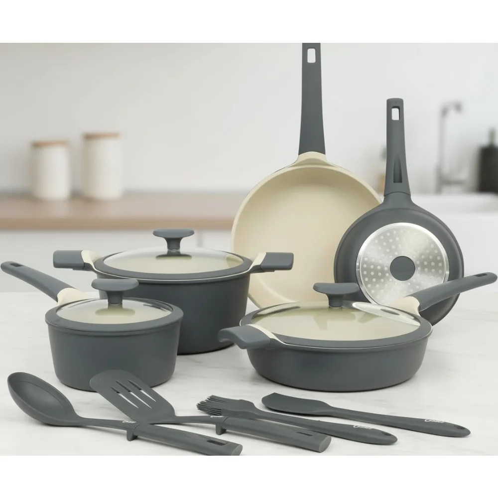 

12-Piece Ceramic Nonstick Cookware Set, PFOA-Free Cast Aluminum Induction Pots & Pans for Modern Kitchen