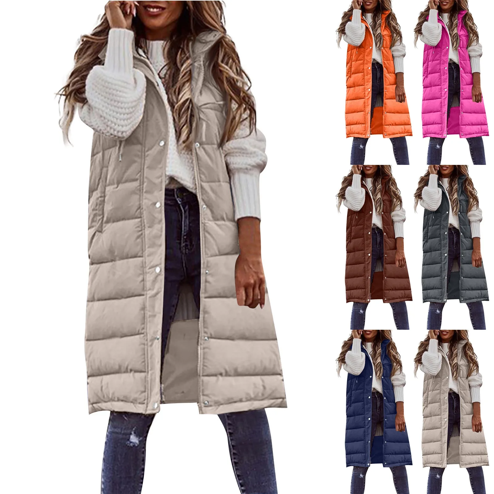 Women Long Waistcoats Warm Winter Sleeveless Hoodie Tie Collar Button Loose Overcoats Female Solid Vests