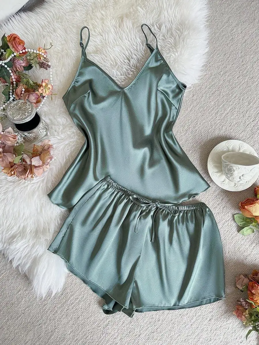 

2pcs Women Satin Deep V Camisole Top And Shorts Sleepwear Set Elegant Pajama Set All Seasons