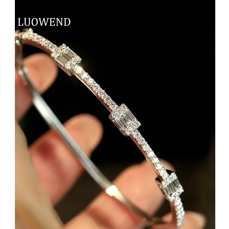 LUOWEND 100% 18K White Gold Bangle Fashion INS Style 1.10carat Real Natural Diamond Bangle for Women Wedding High Party Jewelry
