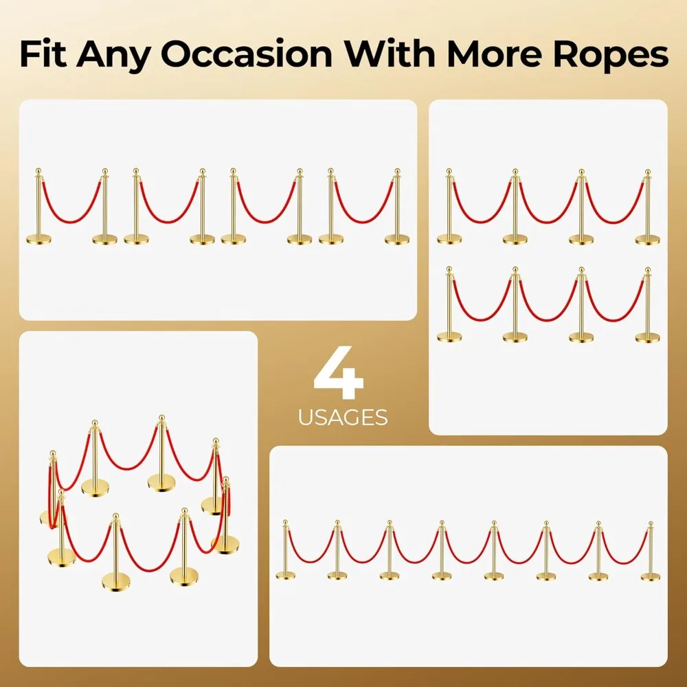 8pcs Gold Stanchion Posts & Red Velvet Ropes, Leakproof Fillable Base for Crowd Control