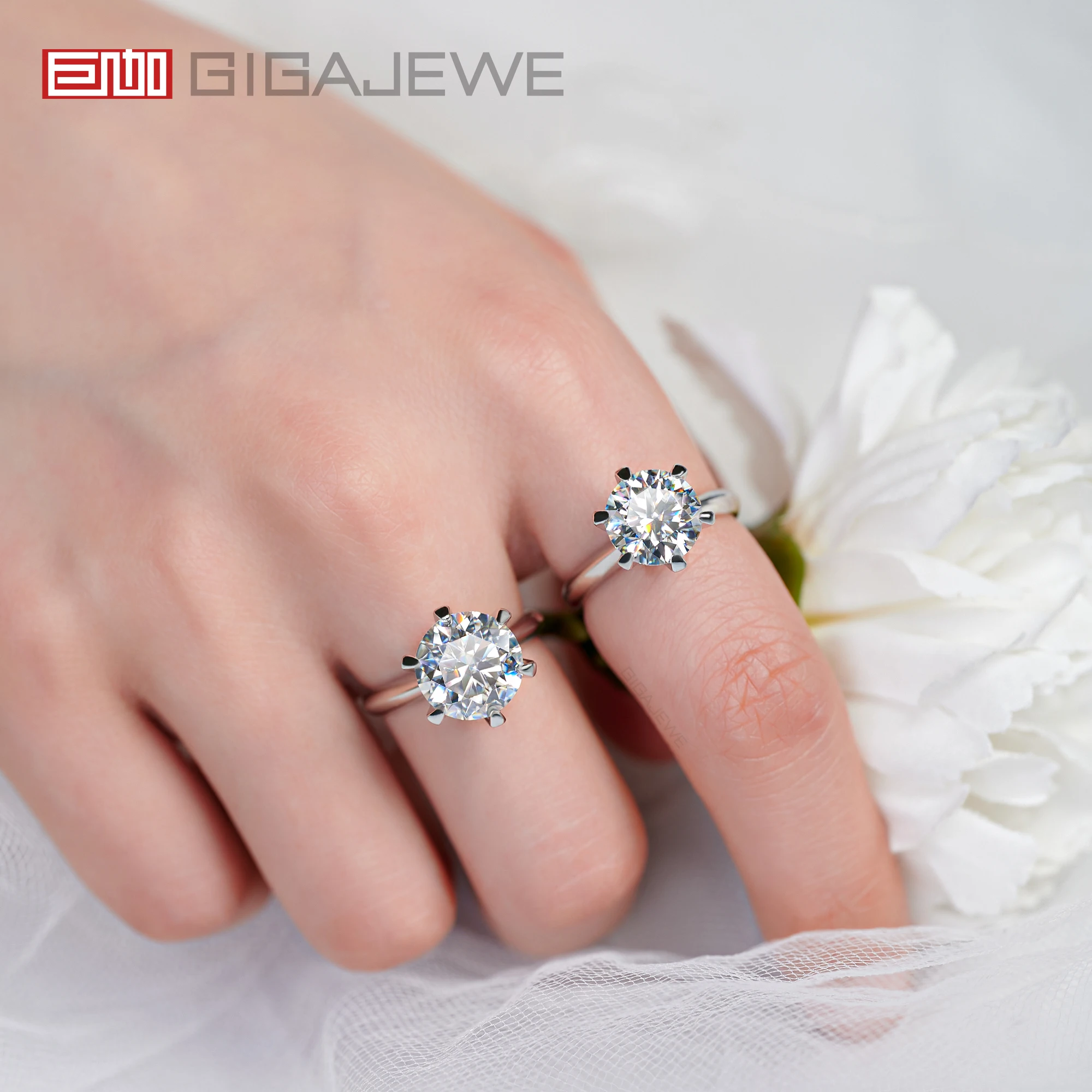 GIGAJEWE 4.0/5.0ct White Color Round 18K Gold Plated 925 Silver Moissanite Ring Claw Setting Jewelry For Women Girlfriend Gift